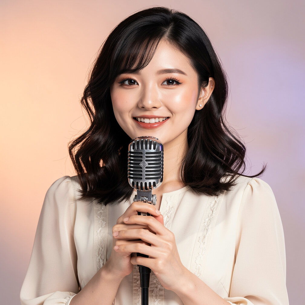 Studio portrait of a Japanese female singer holding a microphone