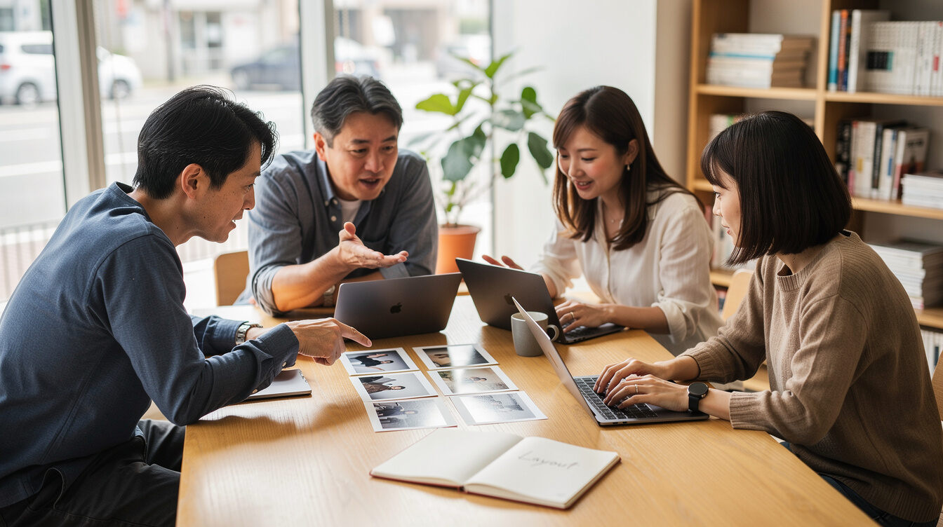 Diverse Japanese editorial team discussing layouts around a bright office table