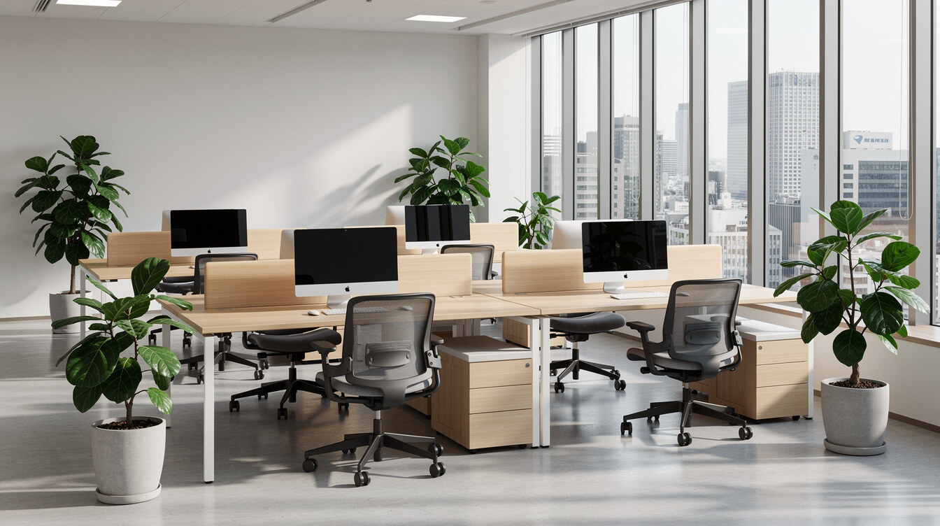 Modern bright Tokyo office space with plants and open desks