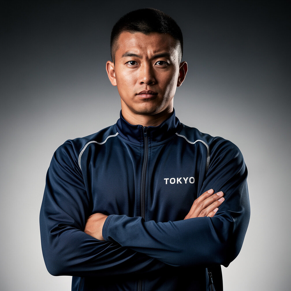 Studio portrait of a Japanese male professional athlete in team jacket